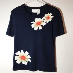 Liz Claiborne Classic Navy Short Sleeve Knit Sweater Large Flowers White Orange